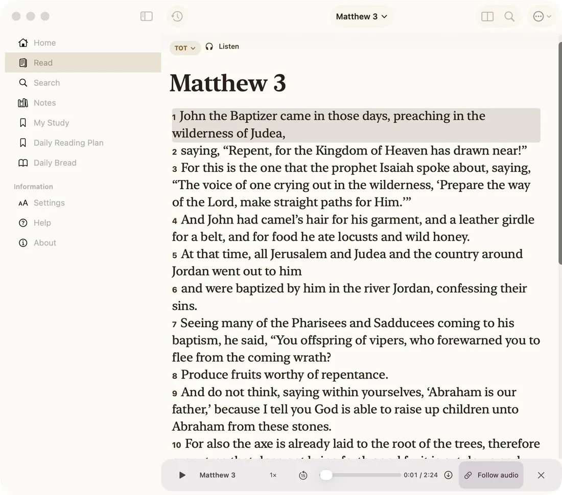 TOT Bible audio player showing Matthew 3