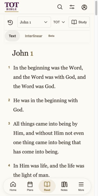 Actual TOT mobile reader displaying the opening of John 1