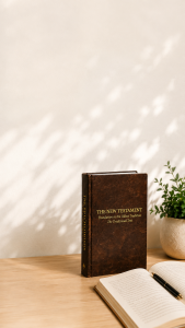 The Translation in the Oldest Tradition book on a peaceful table with an open Bible